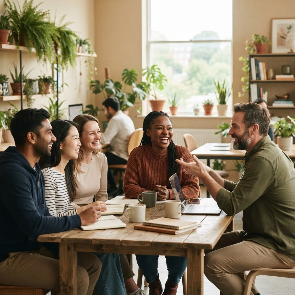 Grupo de personas conectando en un espacio de trabajo luminoso